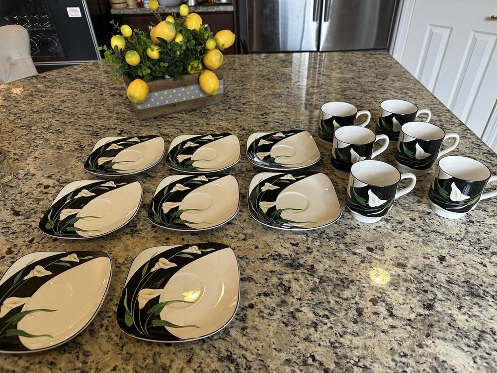Set Of six Sango Quadrille Black Lilies Ceramic coffee mugs And Saucers